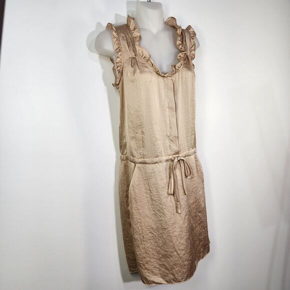 Ann Taylor LOFT Dress Size 0 Tan Ruffles Scoop Neck Pockets Tie Waist Sleeveless - Picture 4 of 11